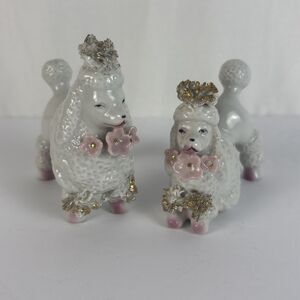 White Spaghetti Poodles Japan Gold Accents Pink Flowers Pair Poodle
